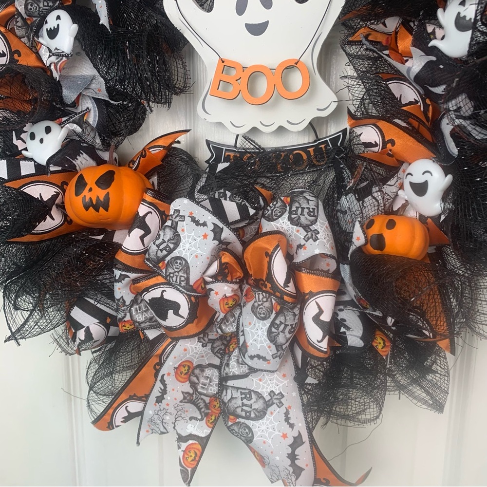 Handmade Halloween Deco Mesh Wreath 18in Boo To You Ghost Pumpkin Black Orange - Picture 3 of 5